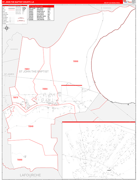 St. John the Baptist Parish (County), LA Wall Map Red Line Style
